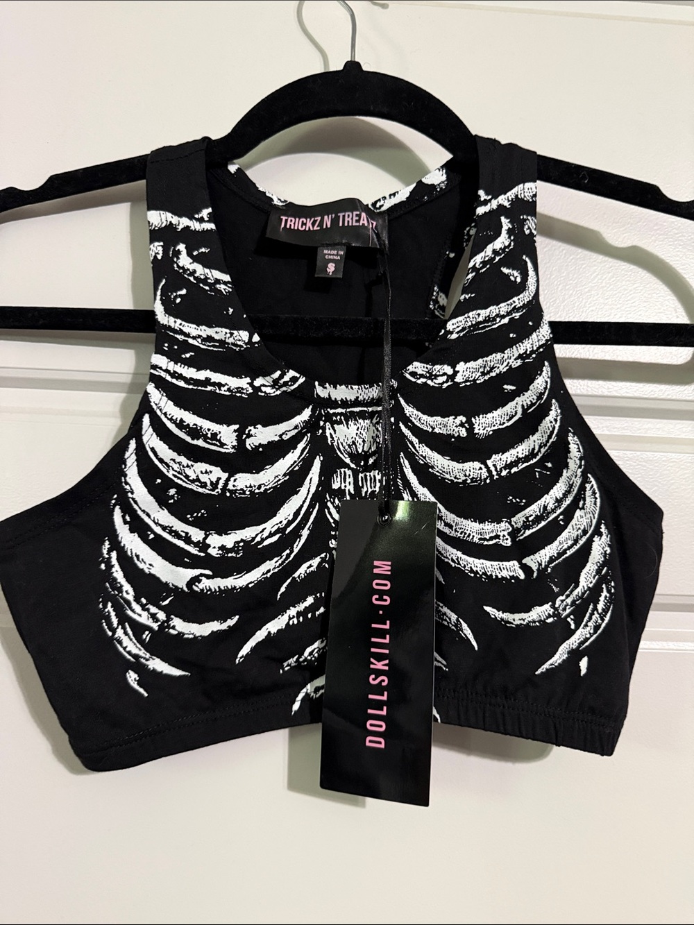 Dolls Kill Black Crop Top with White Skeleton Print